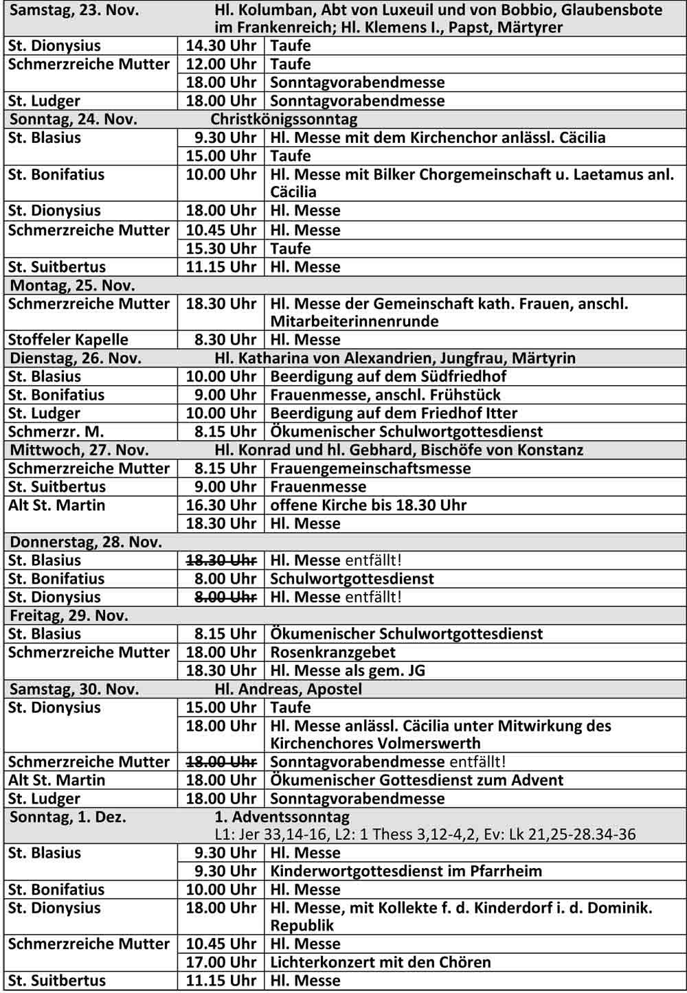 Gottesdienstordnung ab dem 23.11.2024 der kath. Kirchengemeinde St. Bonifatius (c) kath. Kirchengemeinde St. Bonifatius