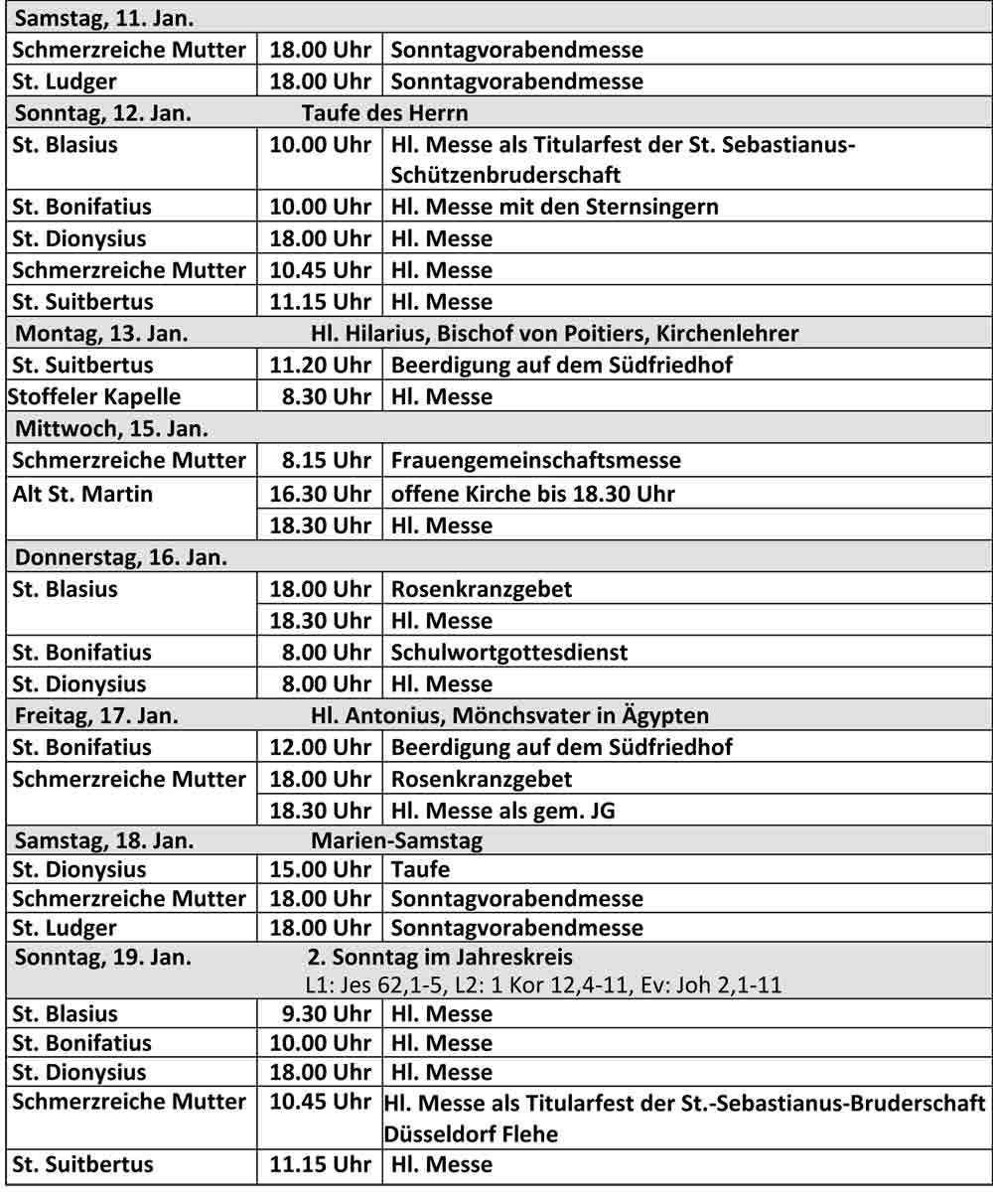 Gottesdienstordnung ab dem 11.01.2025 der kath. Kirchengemeinde St. Bonifatius Düsseldorf (c) kath. Kirchengemeinde St. Bonifatius Düsseldorf